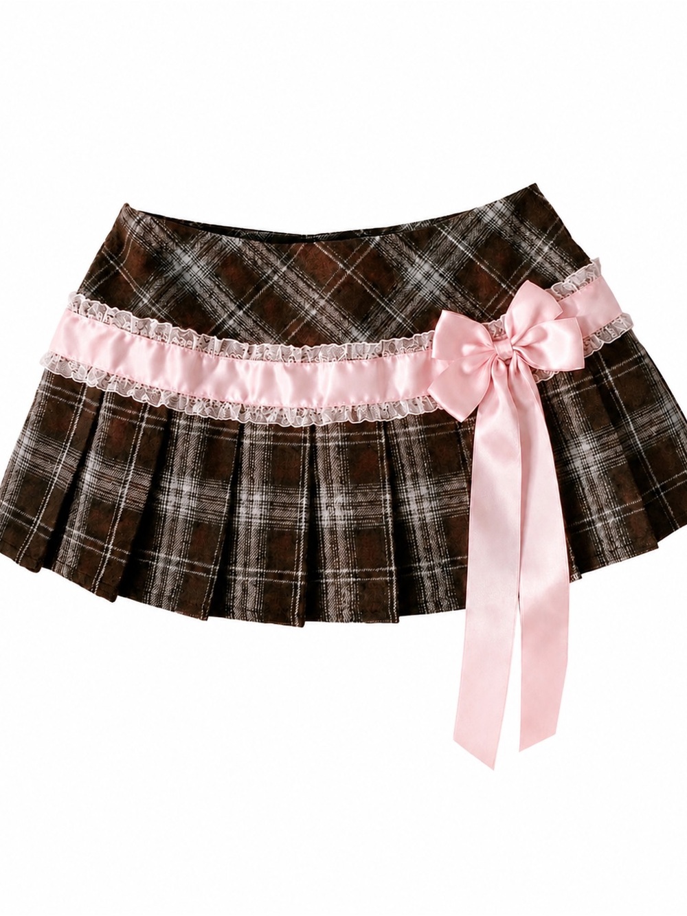Coquette Brown Plaid Mini Skirt Pink Ribbon Lace Trim